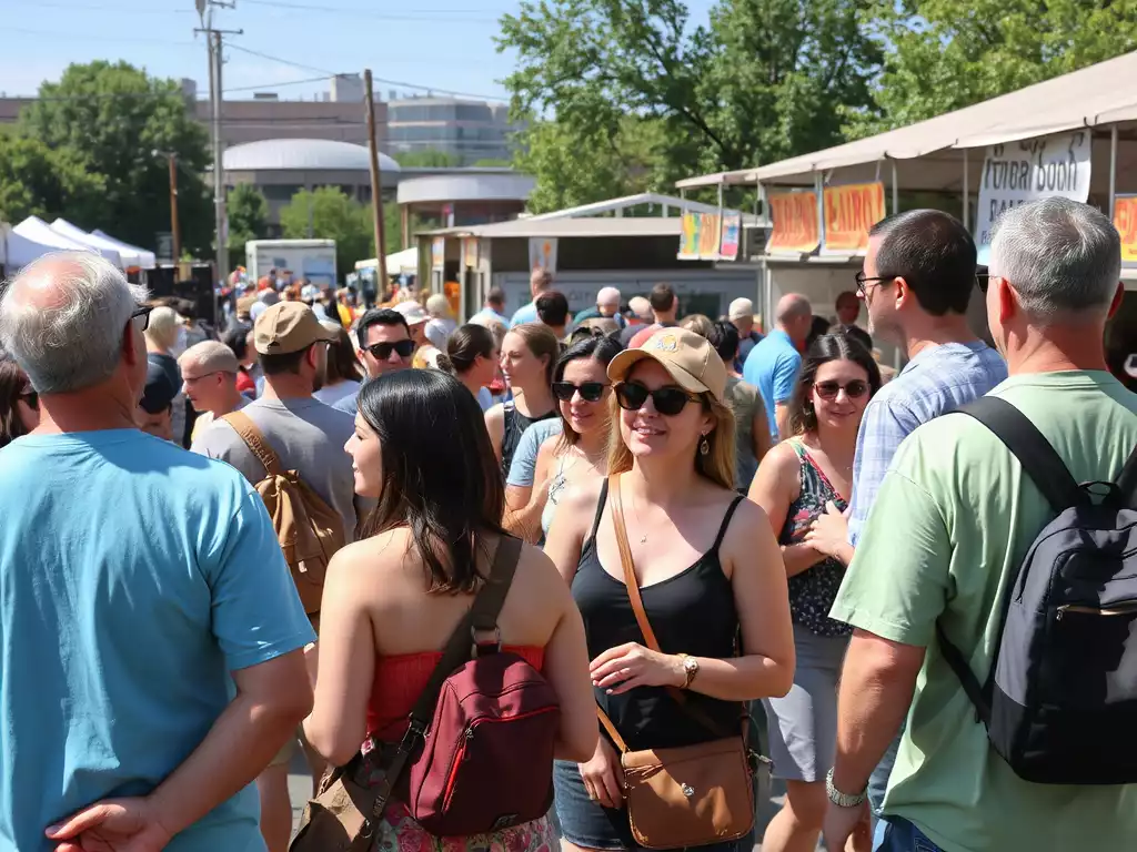 Diverse group of people enjoying a vibrant community festival in East Tennessee, with food stalls and live music in the background