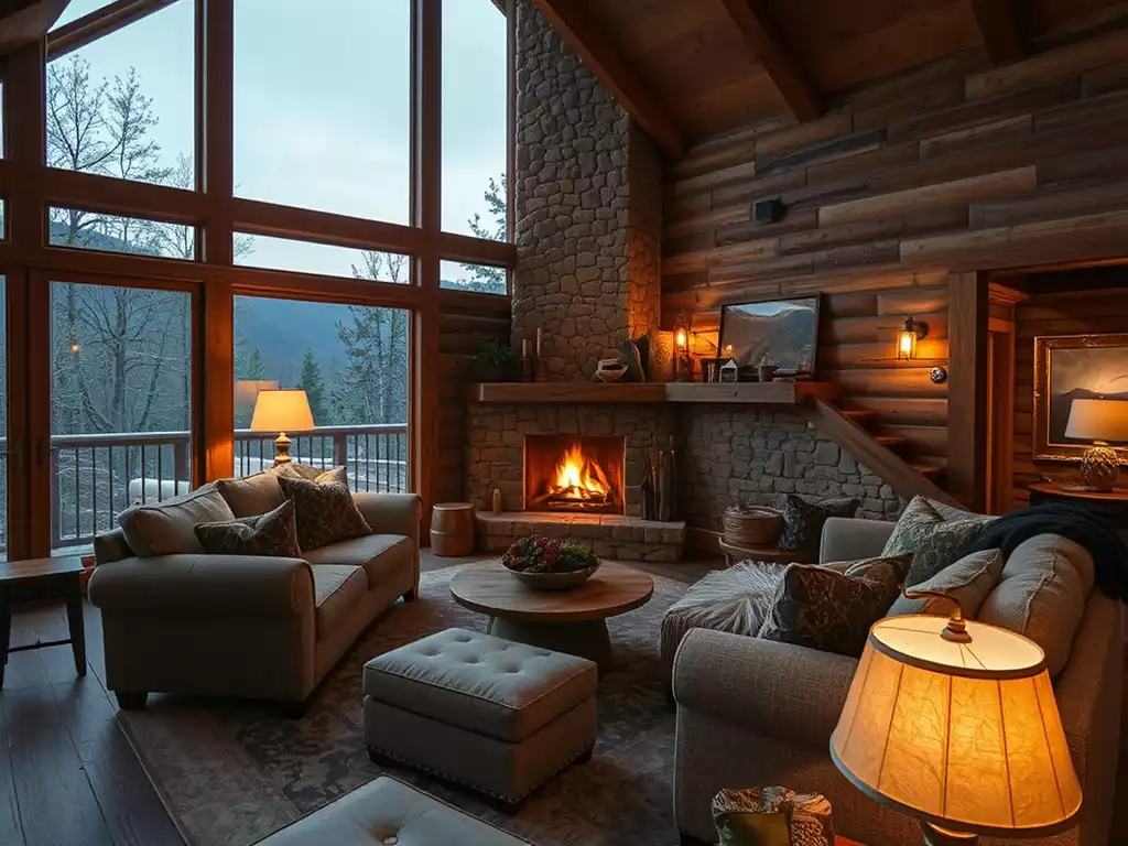 Cozy seating area in a luxury Smoky Mountain interior, warm lighting, textured fabrics, fireplace, no text, no words, no typography, 8K