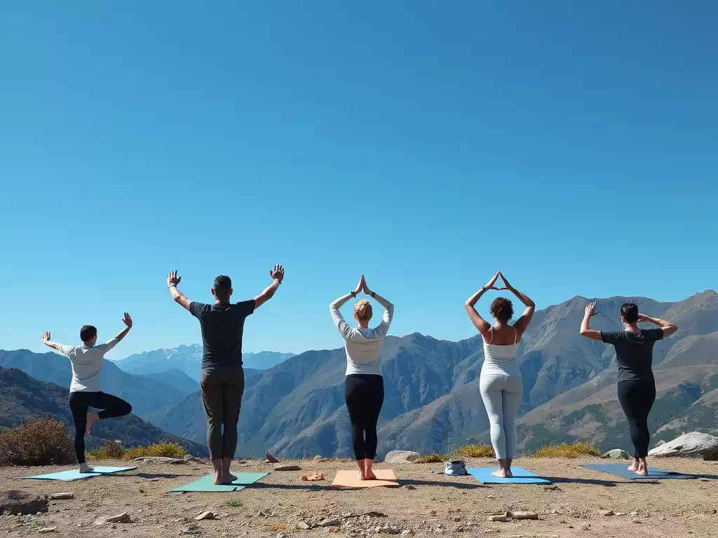 Group of people practicing outdoor yoga in a tranquil mountain setting, clear blue sky, no text, no words, no typography