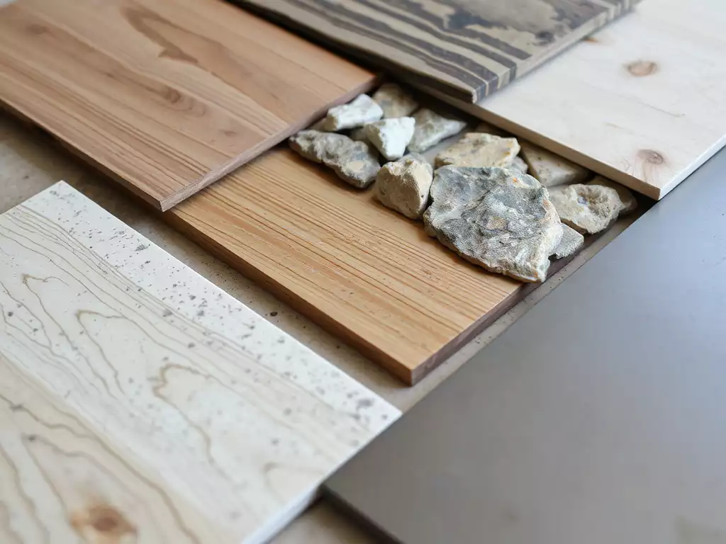 Close-up of various high-end building materials for a cabin renovation, including wood, natural stone, and metal samples laid out on a table, no text, no words, no typography, clean image