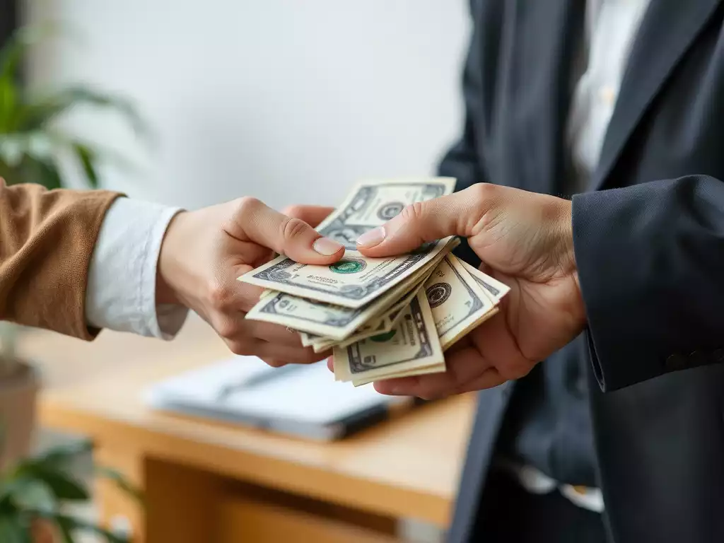 Close-up of hands exchanging money or making a donation, symbolizing financial contributions to philanthropy in a professional setting, no text, no words, no typography, clean image