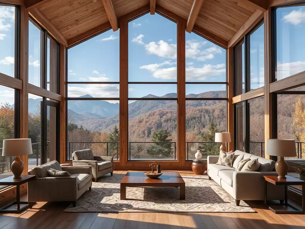 Luxurious living room with large windows overlooking the Smoky Mountains, natural wood accents, elegant furniture, no text, no words, no typography, 8K