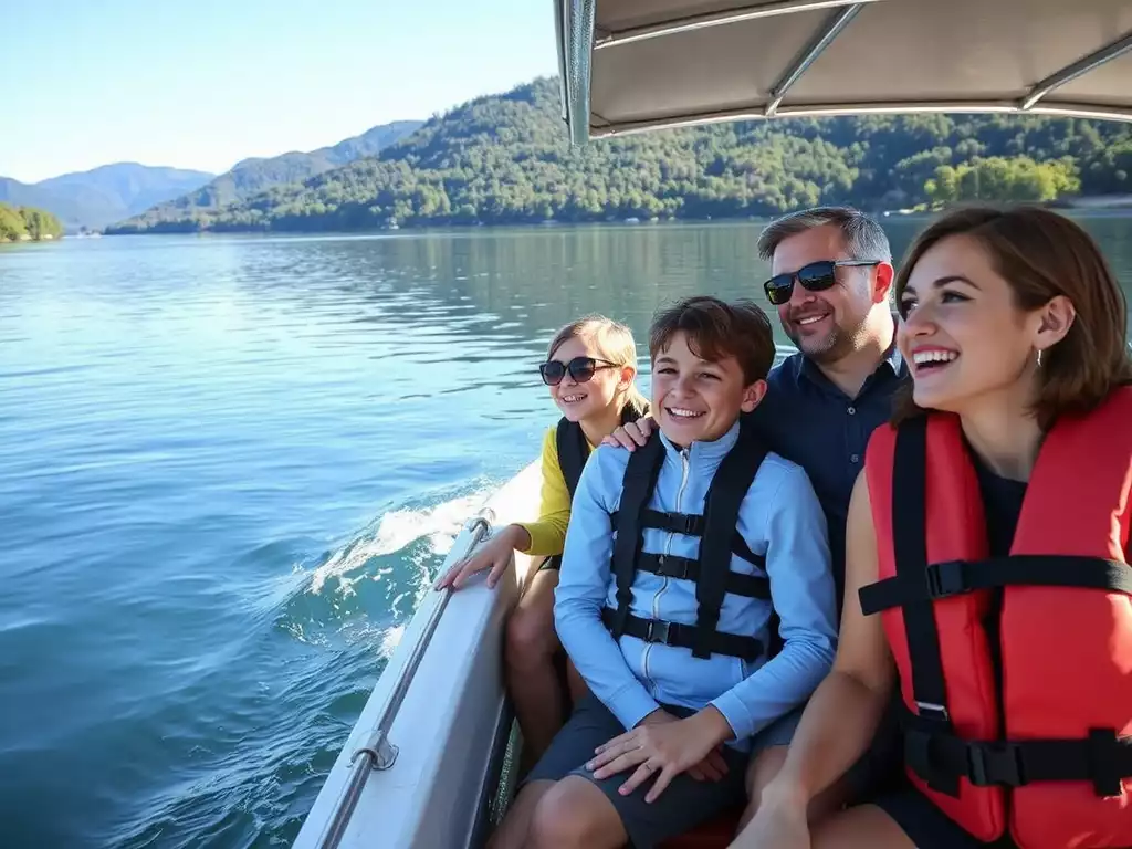 Family enjoying a guided boating excursion on a clear lake in East Tennessee, no text, no words, no typography, 8K