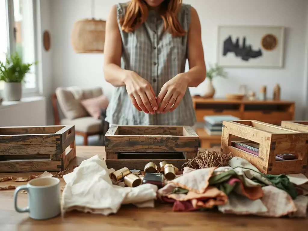 Person arranging upcycled materials for a home decor project
