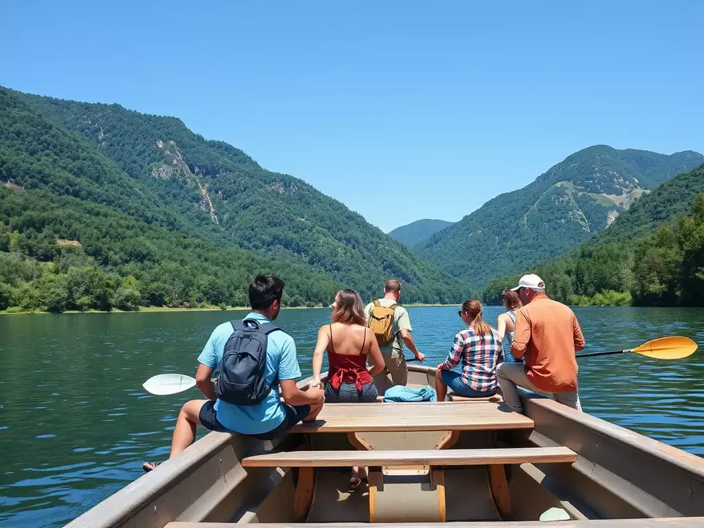 Diverse group of friends hiking and boating in East Tennessee, showing both activities, no text, no words, no typography, 8K