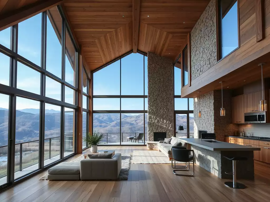 Modern home in East Tennessee with large windows overlooking mountains, natural materials like wood and stone, bright and inviting, no text, no words, no typography, 8K