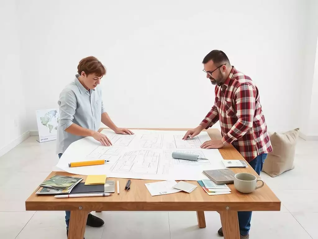 Architect and client reviewing custom home blueprints on a table