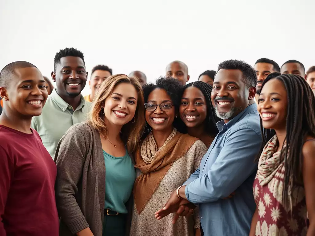 Diverse group of people at a community charity event, smiling and interacting, representing unity and shared purpose