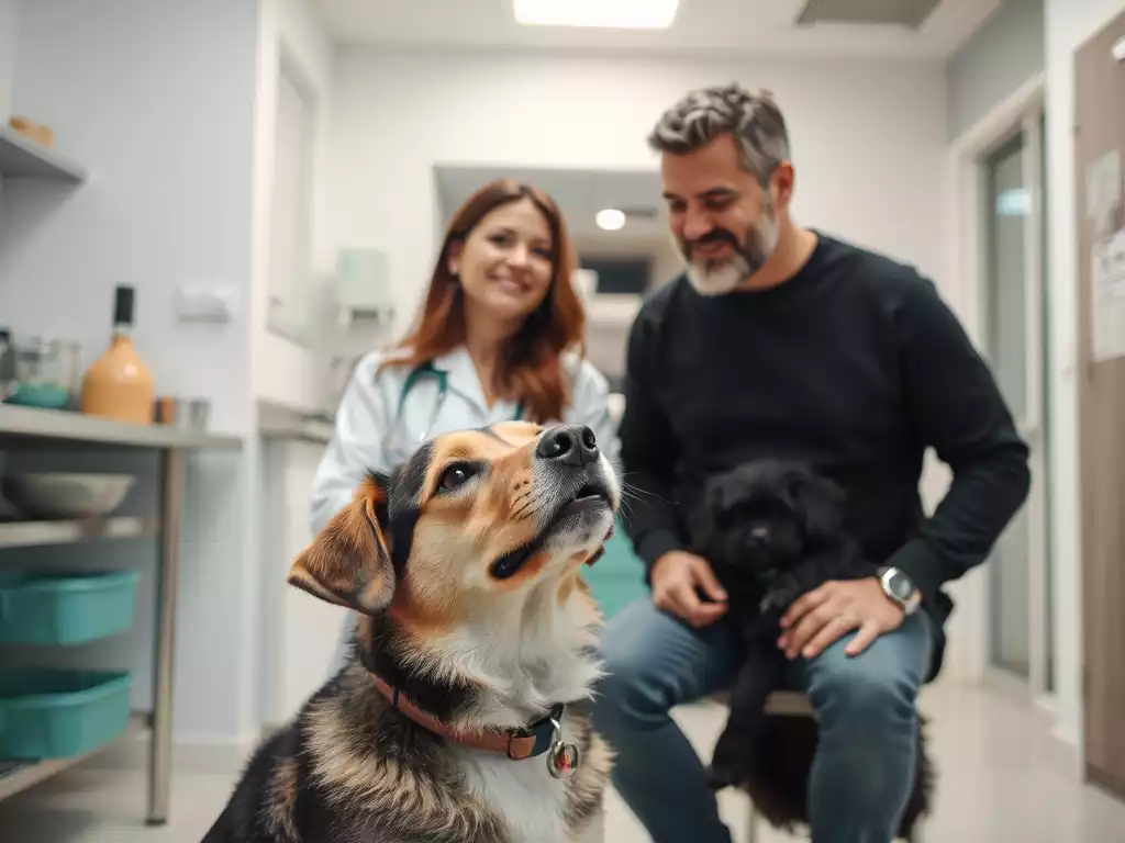 Veterinarian advising a pet owner about dog nutrition