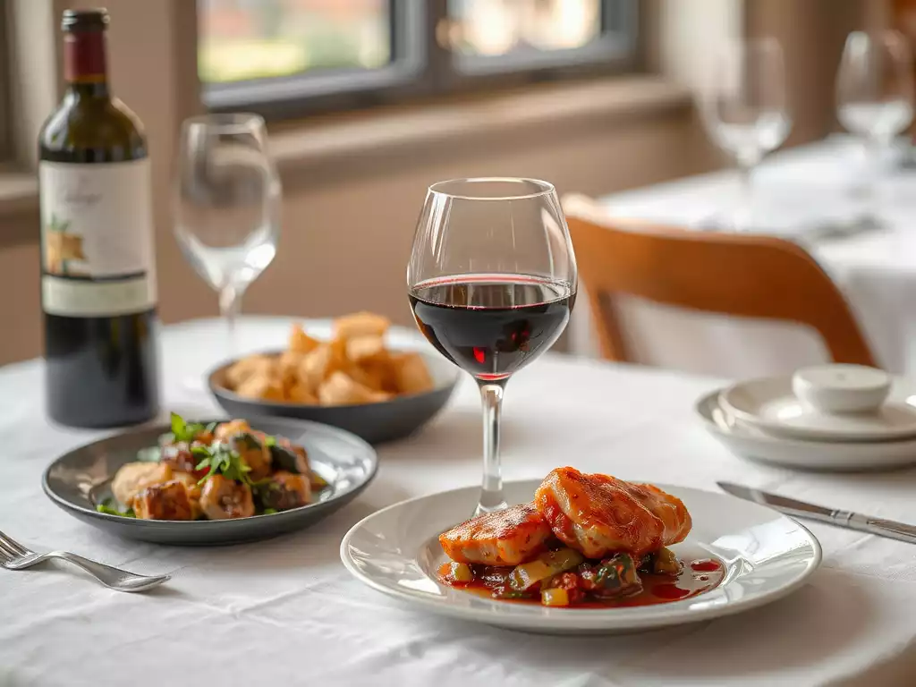 Gourmet food pairing with a glass of wine, elegant setting
