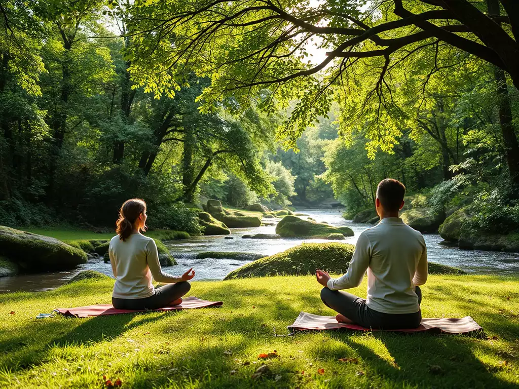 People practicing outdoor meditation in a lush, green natural setting with soft sunlight