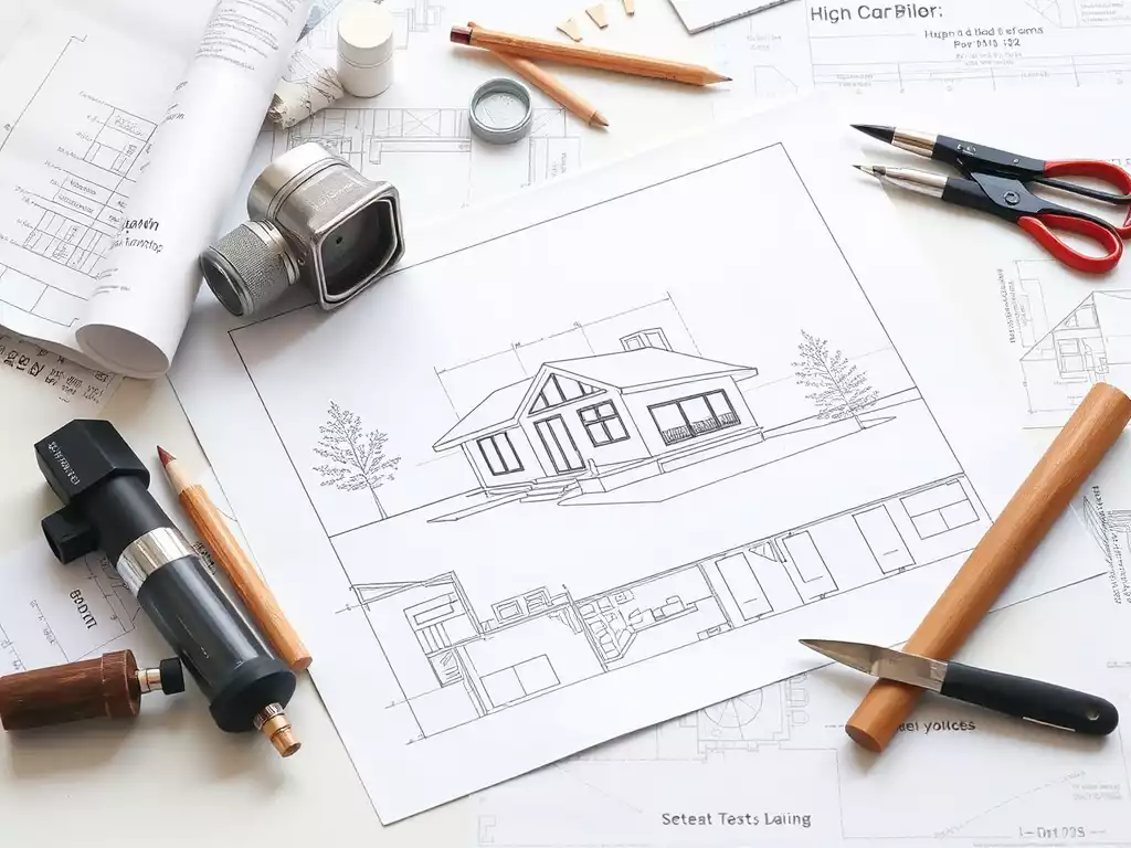 Architectural blueprint and design tools laid out on a table, showing a modern cabin renovation plan, bright studio lighting, no text, no words, no typography, clean image