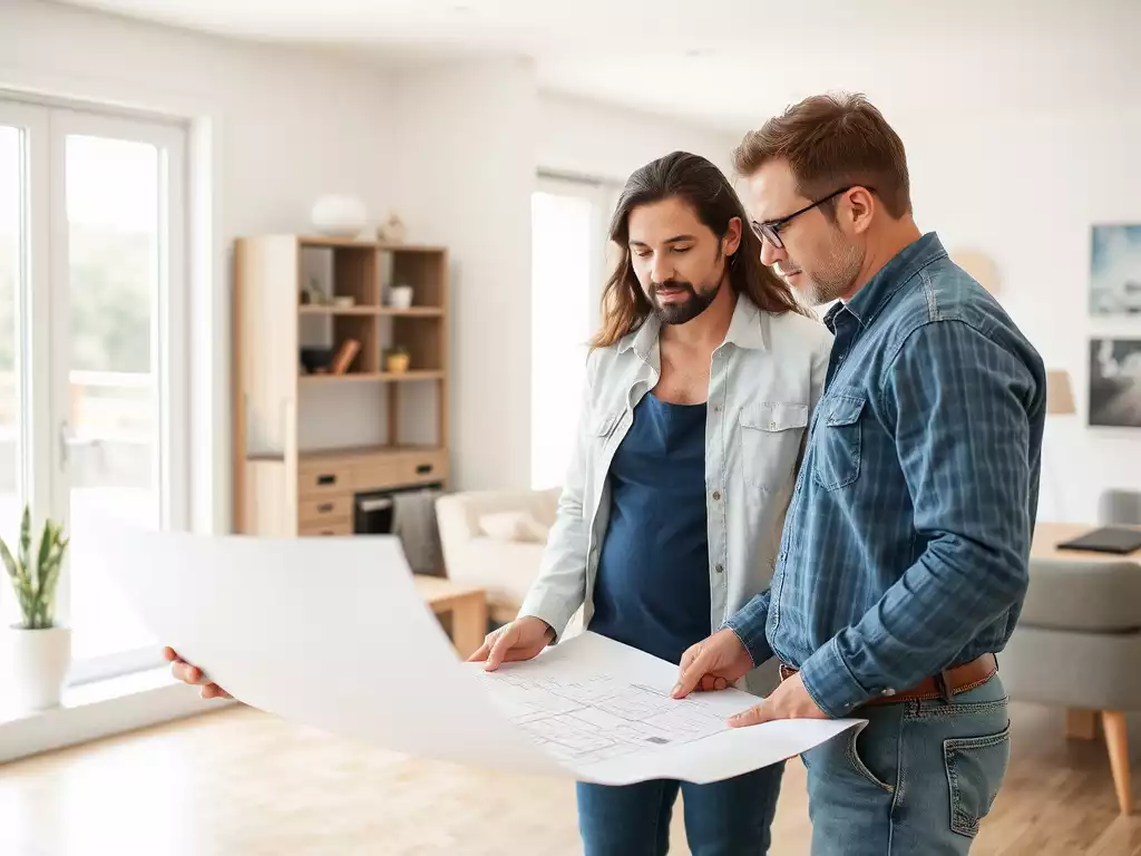 Professional remodeling contractor consulting with a homeowner, looking at blueprints or design plans, modern home interior, collaborative, no text, no words, no typography, 8K
