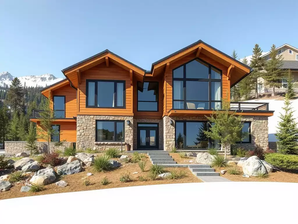 Modern mountain home exterior with large windows, natural materials, and integrated landscaping