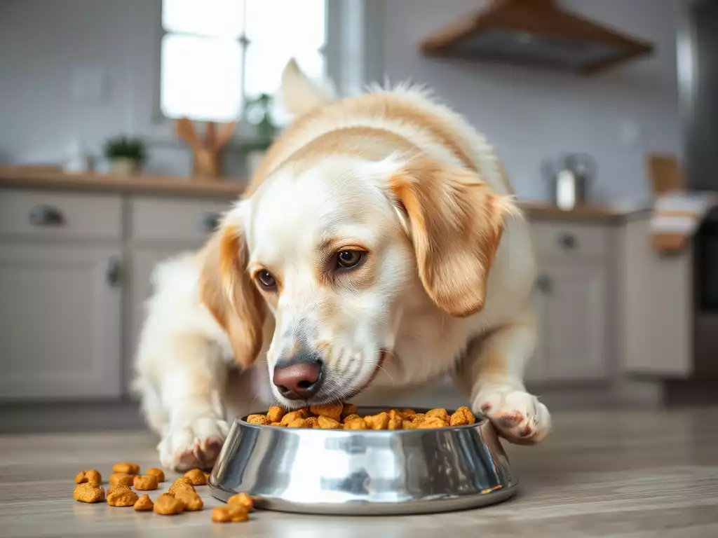 Happy dog eating food from a bowl, high-quality kibble