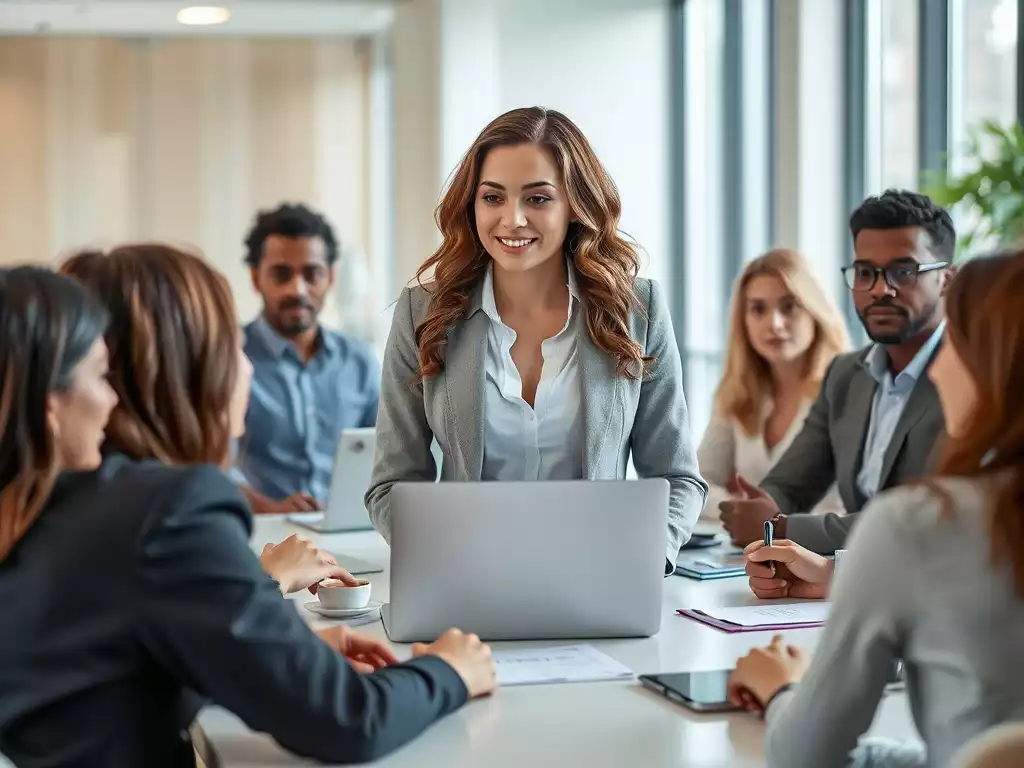 Professional woman leading a business meeting, diverse team, modern office, East Tennessee, no text, no words, no typography, 8K