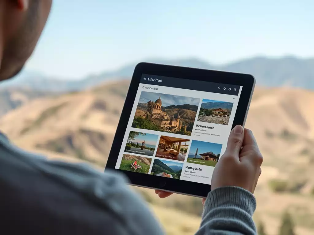 Person contemplating different wellness retreat options on a tablet, with a serene background