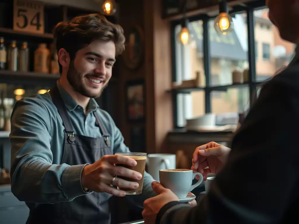 Barista serving an artisanal coffee with a smile in a cozy cafe, clear focus, no text, no words, no typography, clean image