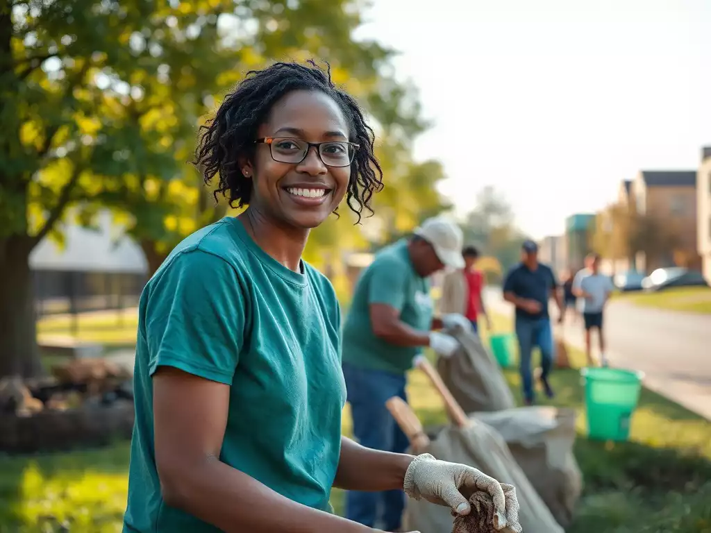 Person volunteering at a local community clean-up event, smiling and working with others