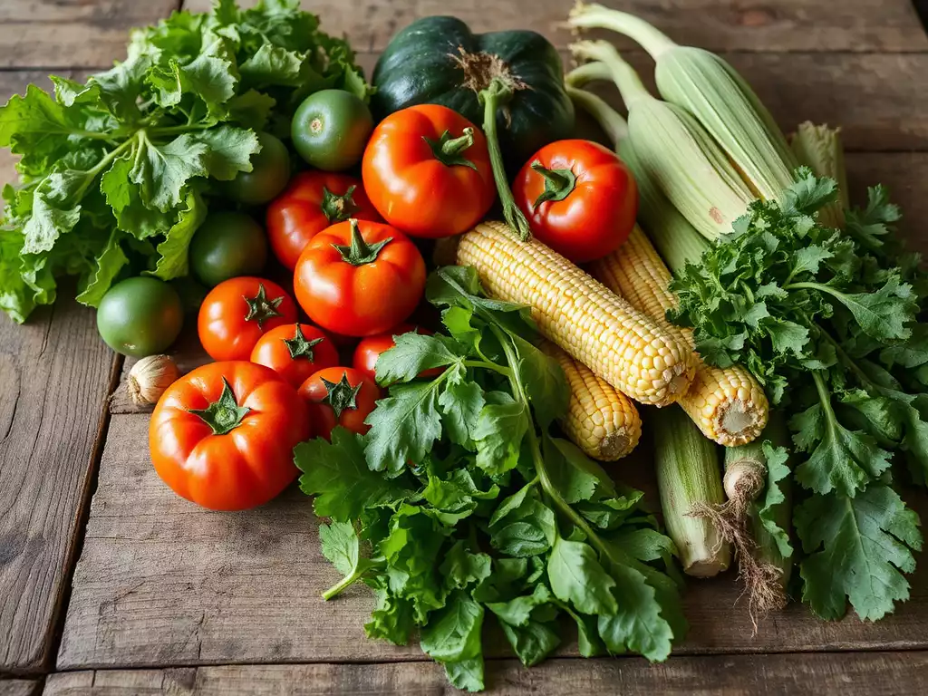 Freshly harvested organic vegetables on a rustic wooden table, ready for farm-to-table dining in East Tennessee
