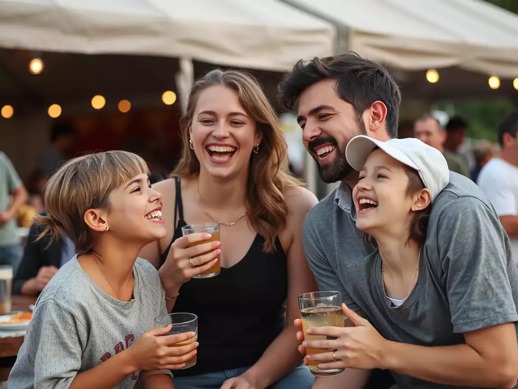 A family laughing and enjoying an outdoor festival with food and music in East Tennessee