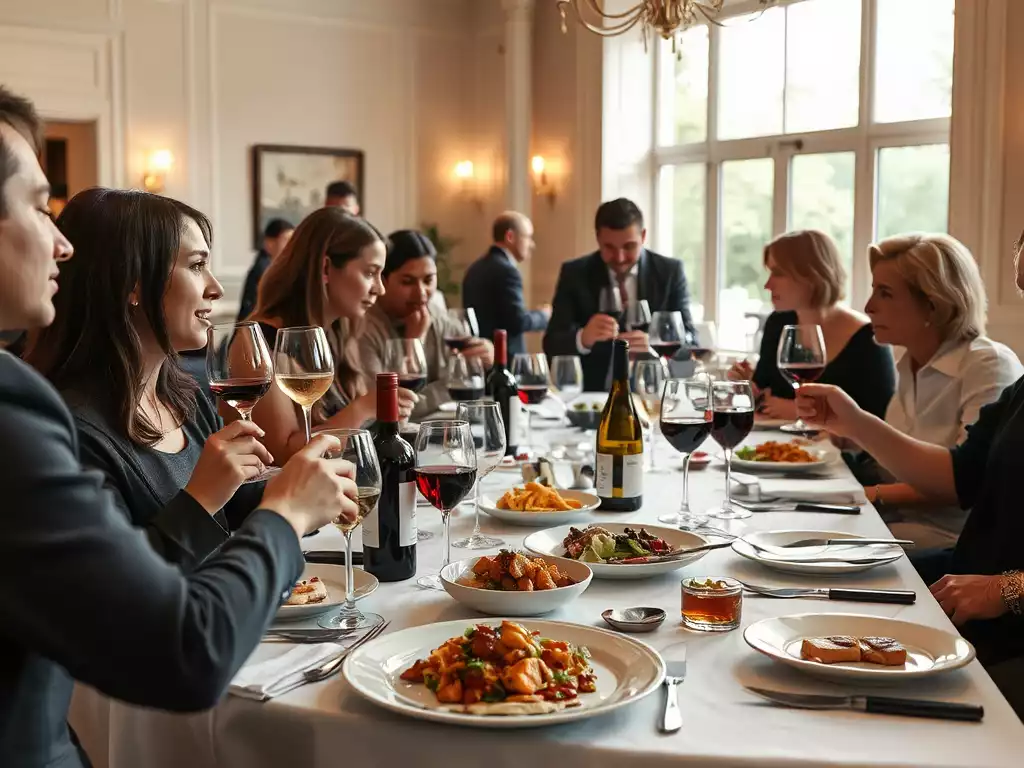 People enjoying a wine tasting event with various wines and gourmet food pairings