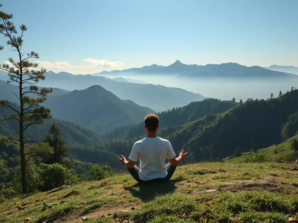 Person meditating in a serene foothill setting, surrounded by nature