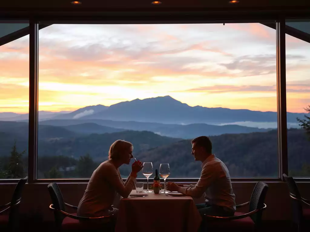 Couple enjoying a romantic dinner at an upscale restaurant with a view of the Smoky Mountains at sunset