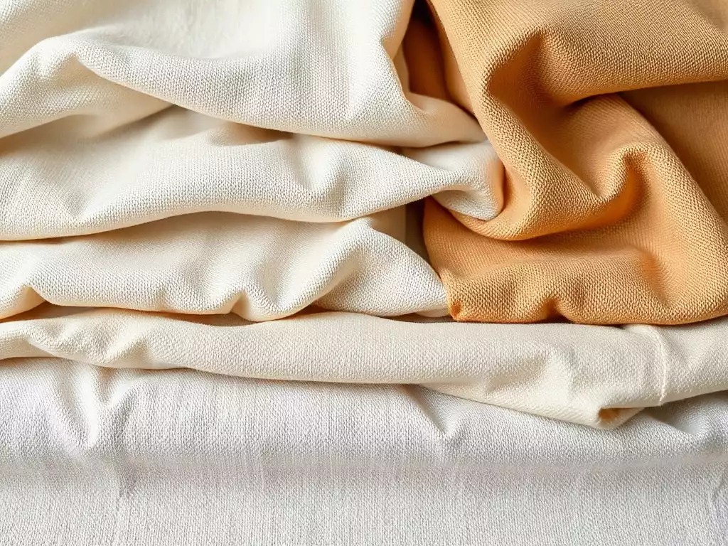 A variety of sustainable clothing materials like organic cotton, Tencel, and hemp fabrics in neutral tones
