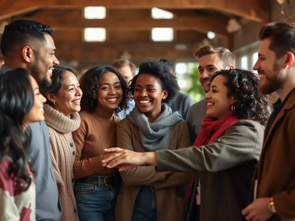 Diverse group of people smiling and interacting in a community setting, sharing a moment of kindness