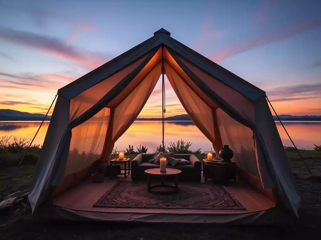 Luxurious glamping tent by a serene lake at sunset, with comfortable interior, no text, no words, no typography, clean image