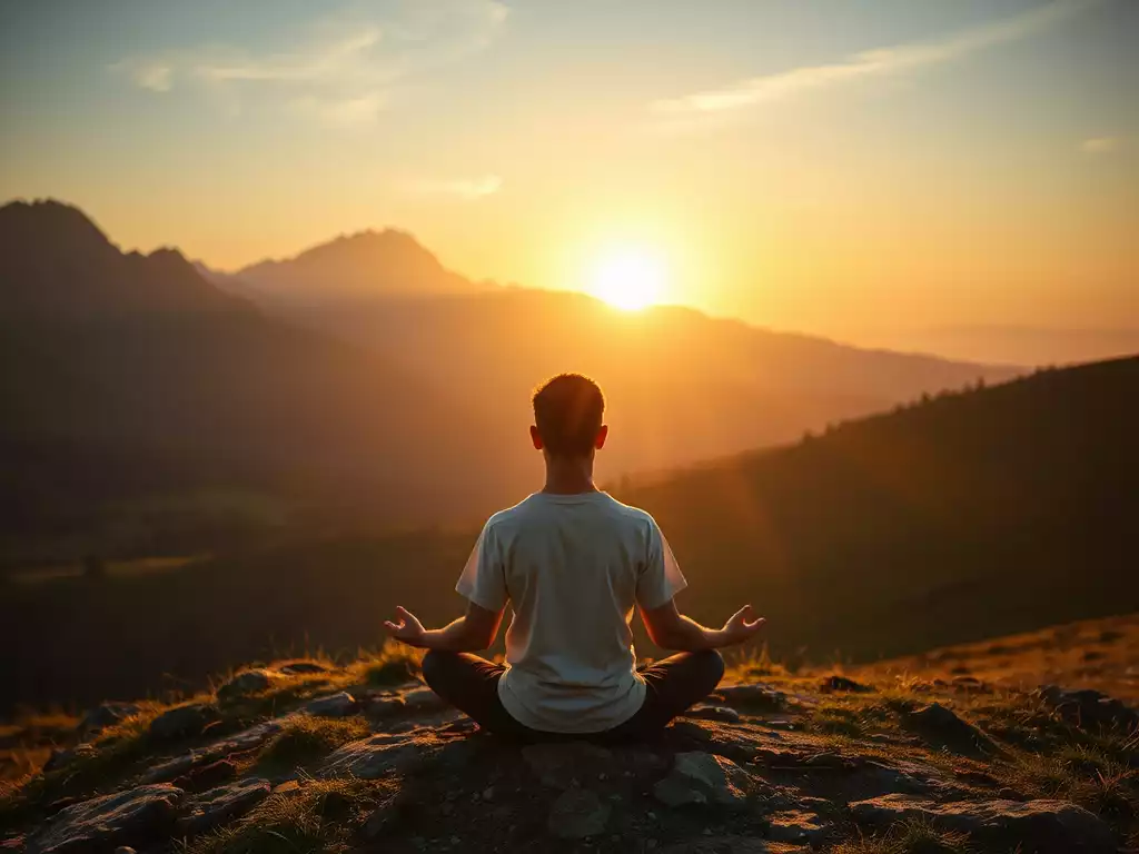Person meditating peacefully in a mountainous landscape at sunrise, calm and serene, no text, no words, no typography