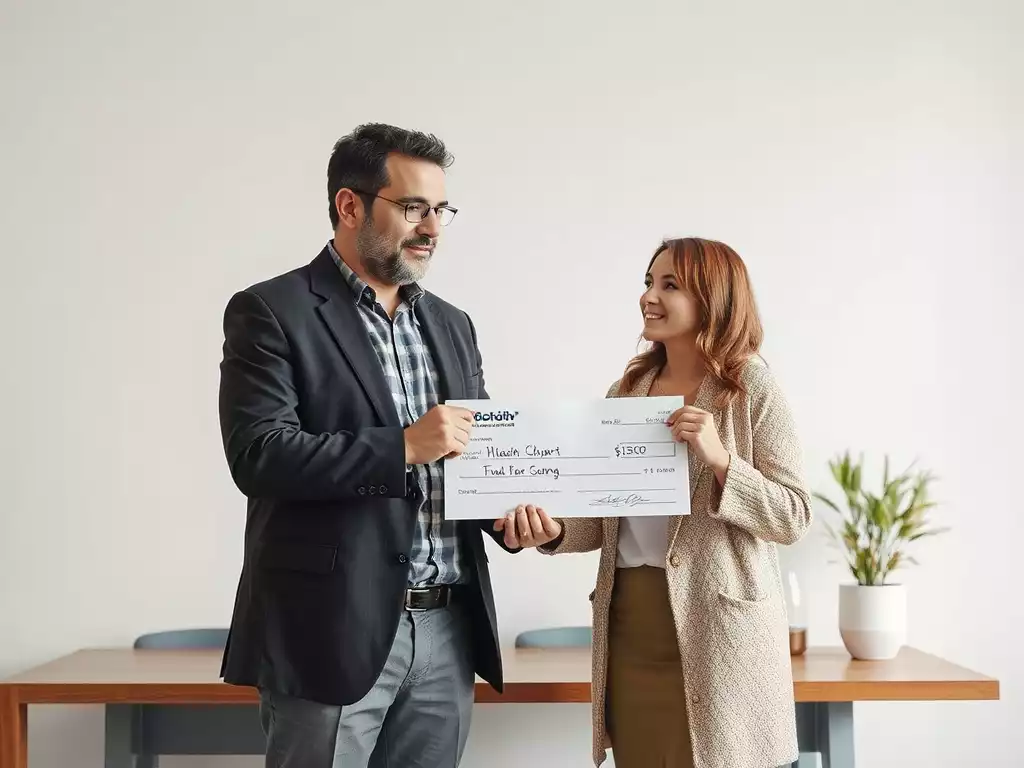 Local business owner handing over a donation check to a charity representative, symbolizing support and partnership