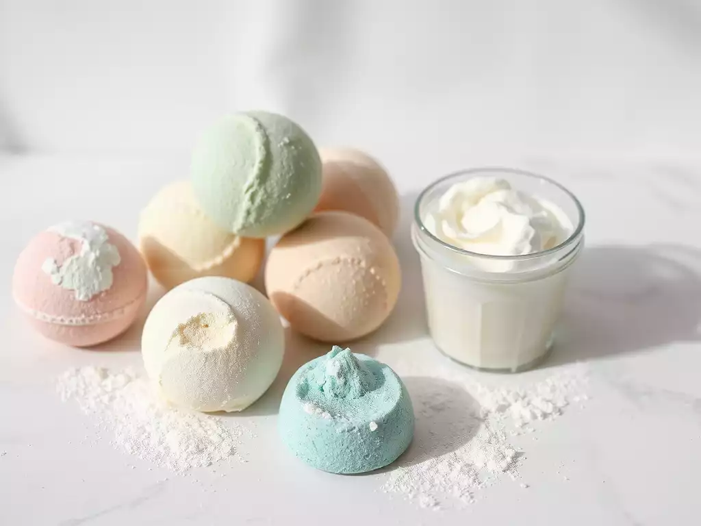 Homemade bath bombs and body scrubs in a clean, aesthetic setting