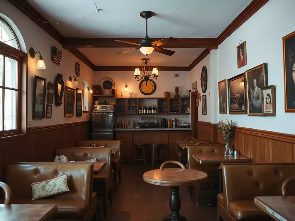 Cozy interior of a hidden gem cafe with vintage decor and soft lighting, no text, no words, no typography, clean image