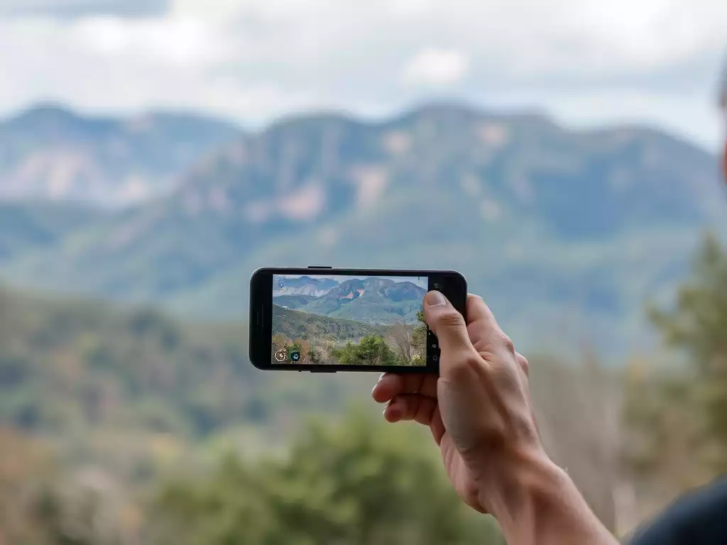 Person taking a photo of a scenic mountain view with a smartphone during a road trip