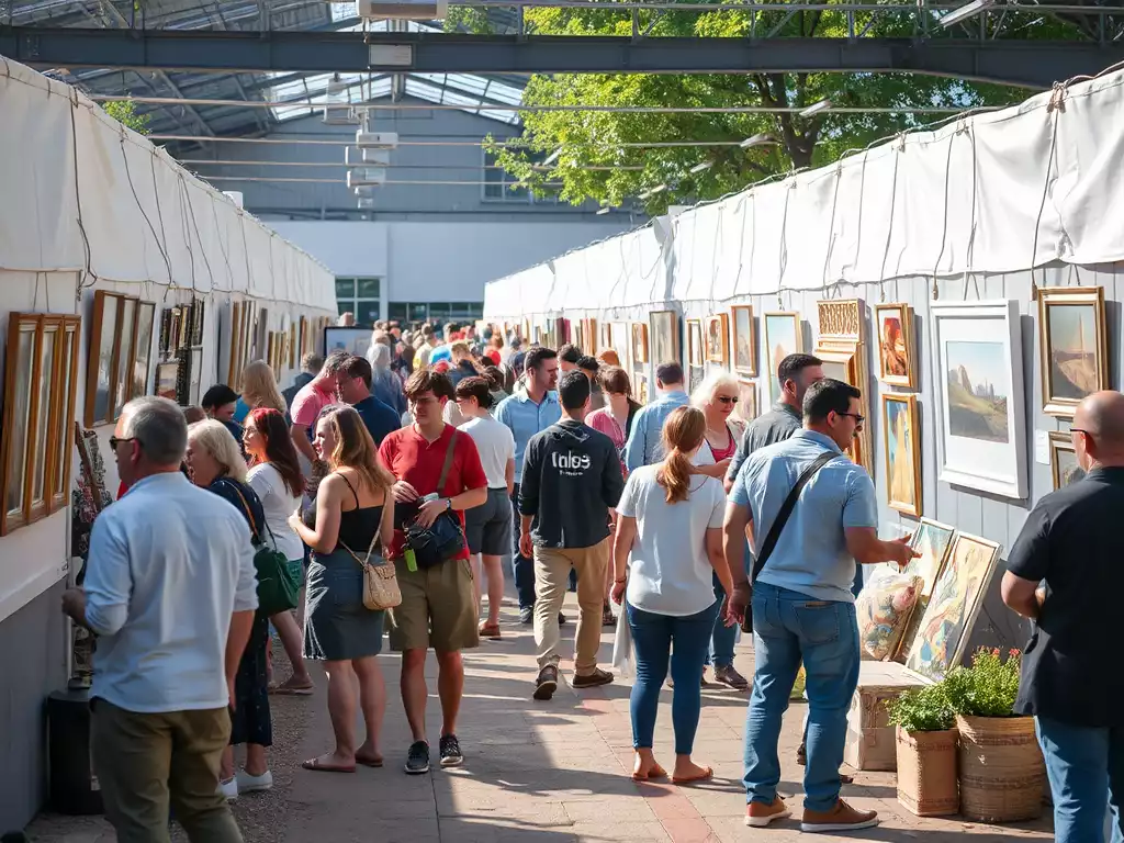 People gathered at a local art fair, interacting with artists and admiring artworks, vibrant atmosphere, no text, no words, no typography, clean image