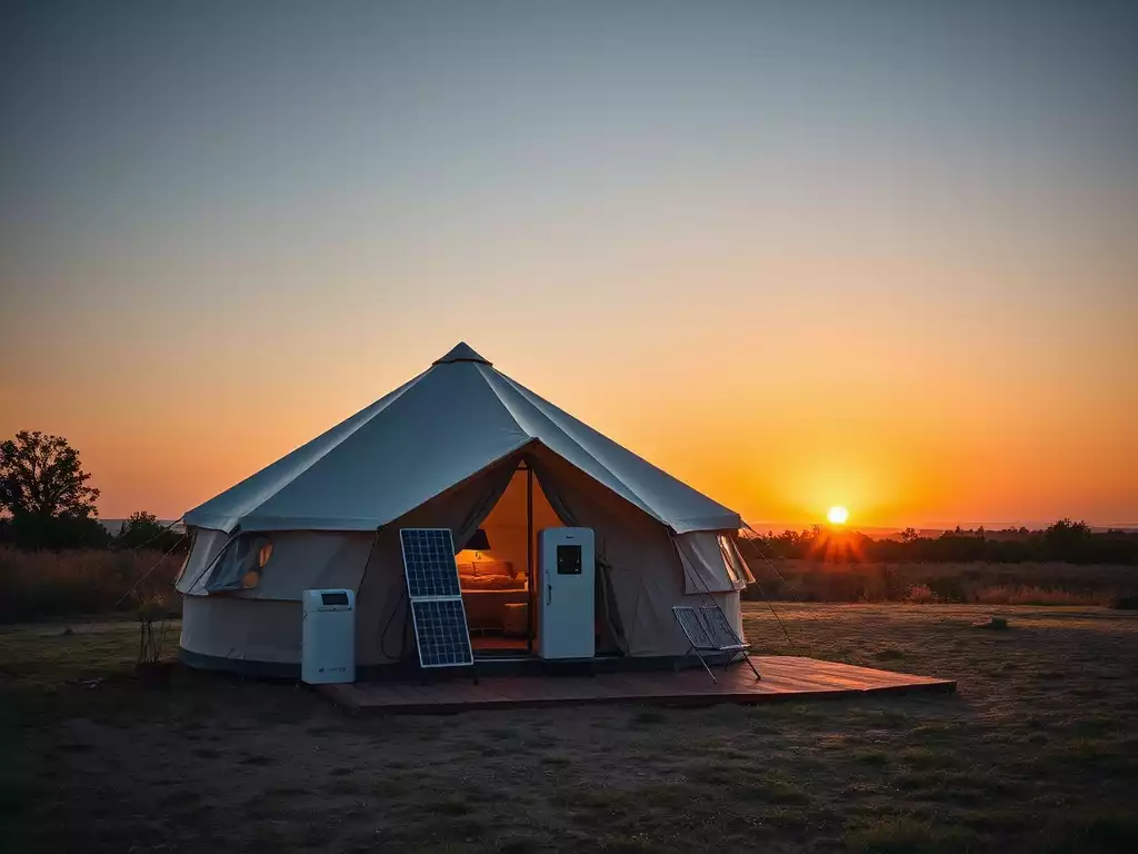 Modern glamping tent with solar charging station outside, sunset, no text, no words, no typography, 8K, clean image