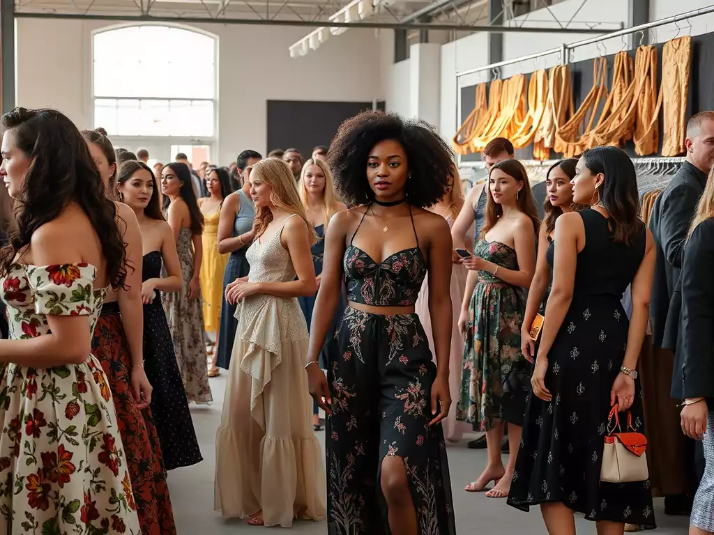 Fashion event in East Tennessee with diverse attendees showcasing elegant styles, with local artisans or designers in the background