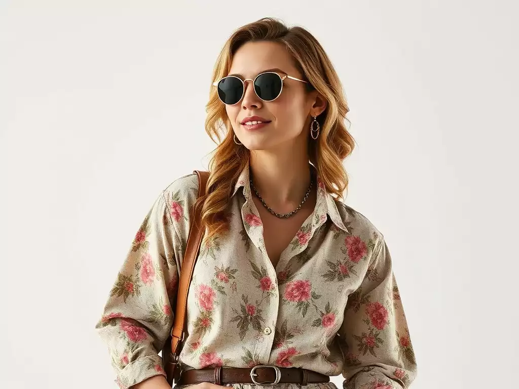 Woman wearing a chic Southern-inspired outfit with subtle floral prints and vintage accessories, looking elegant and comfortable, no text, no words, no typography, clean image