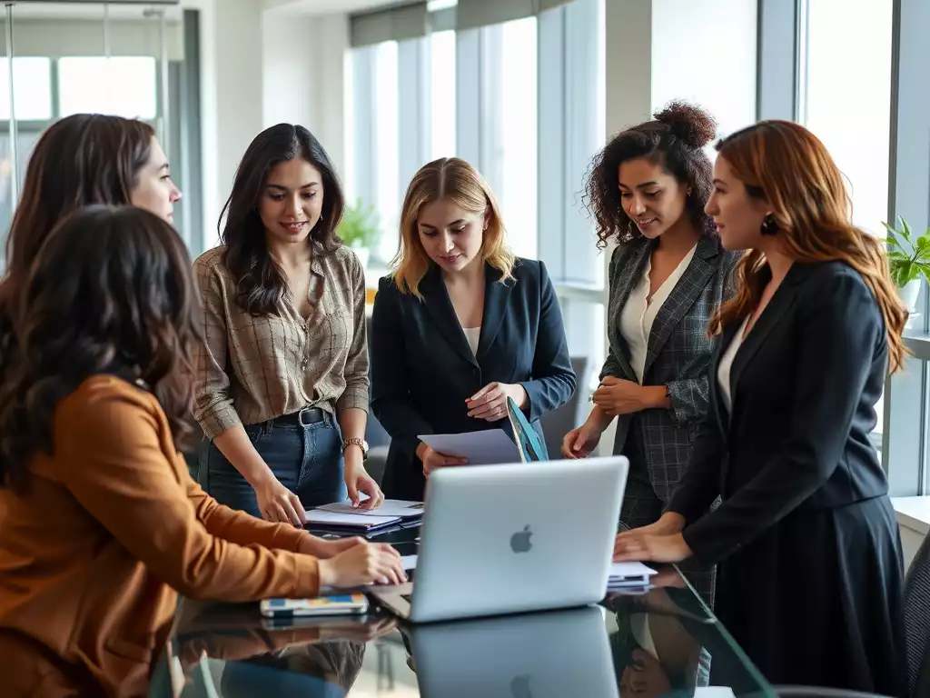 Diverse group of professional women collaborating in a modern office environment in East Tennessee, natural light, no text, no words, no typography, 8K