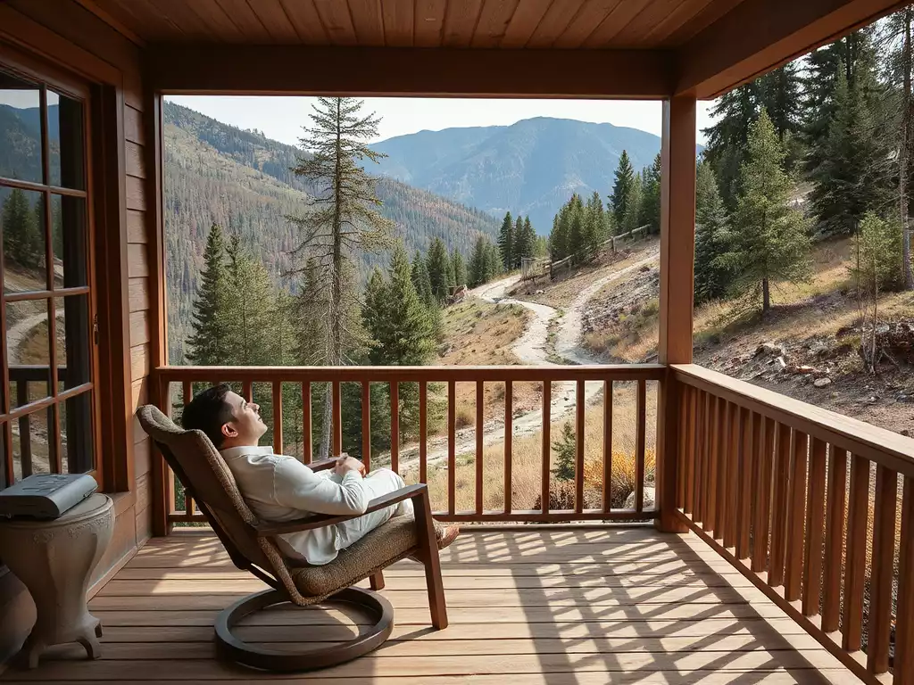 Person relaxing in a comfortable chair on a porch overlooking a mountain trail, enjoying a high-end outdoor experience, no text, no words, no typography, clean image