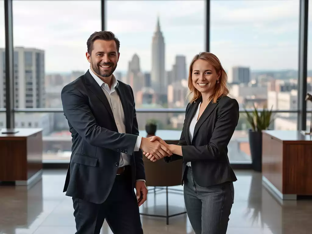 Two entrepreneurs shaking hands in a modern office, symbolizing partnership and growth in East Tennessee