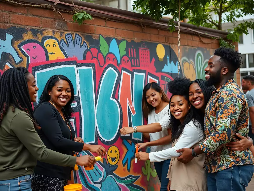 Diverse group of people collaborating on a vibrant community mural, smiling, in an urban setting, no text, no words, no typography, clean image