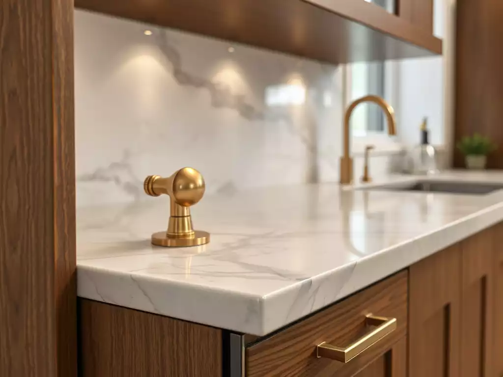 Close-up of marble countertop with brass hardware and wood reeding detail in a luxury kitchen