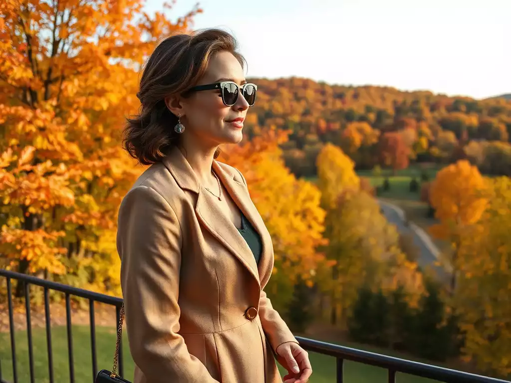 Woman in elegant, seasonally appropriate attire enjoying an East Tennessee outdoor setting, perhaps a park or scenic overlook, with autumn colors in the background