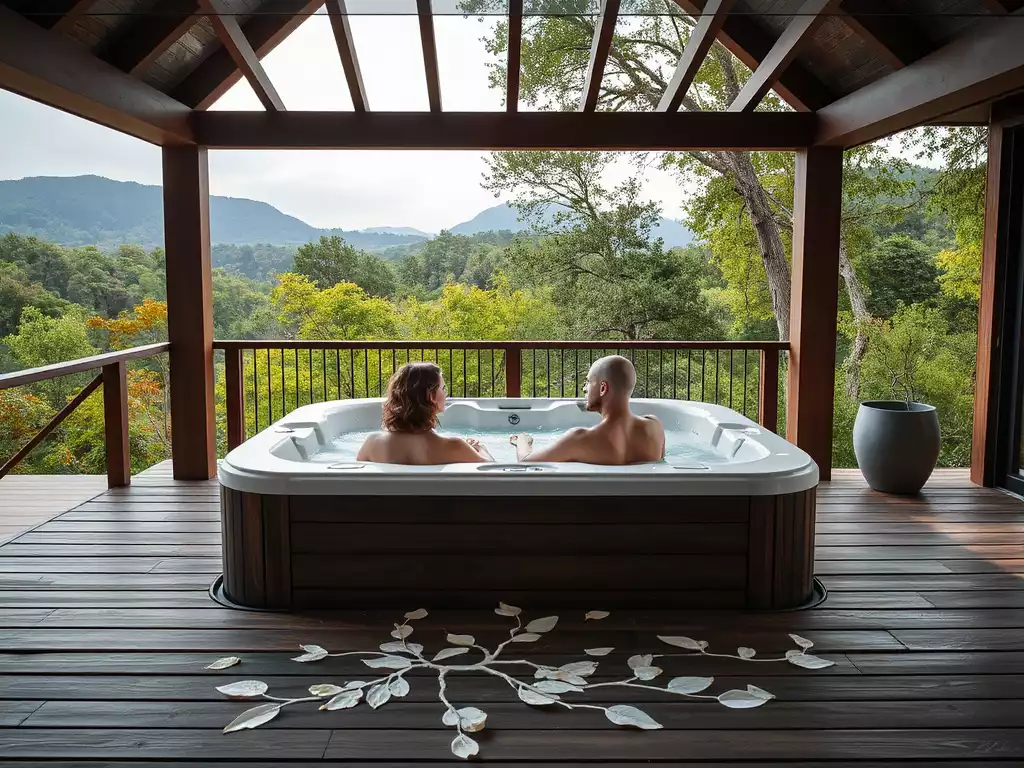 Couple relaxing in a modern, luxurious hot tub on a private deck, surrounded by nature, no text, no words, no typography