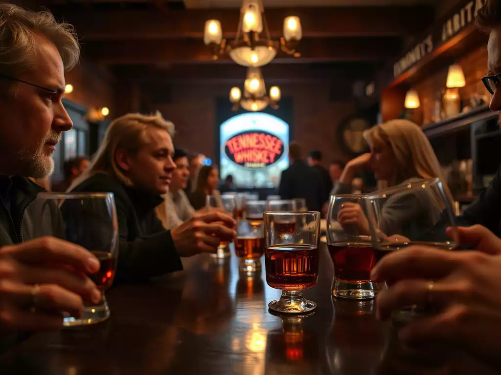 People enjoying a Tennessee whiskey tasting in a dimly lit bar