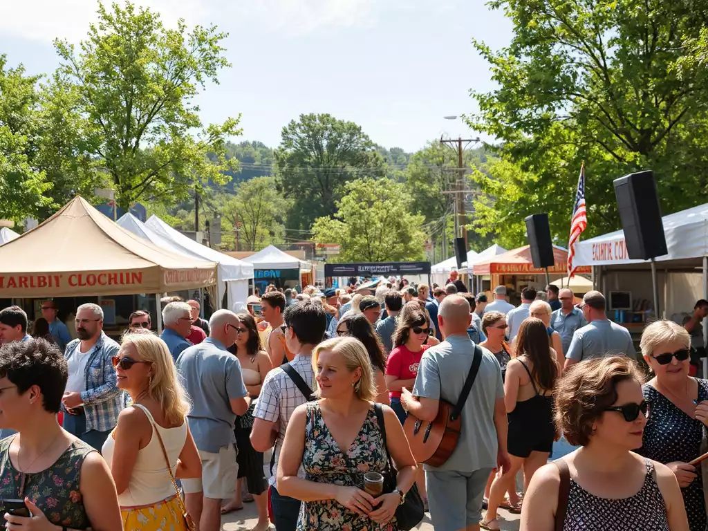 Diverse group of people enjoying an outdoor music festival in East Tennessee, with bluegrass musicians in the background and food stalls