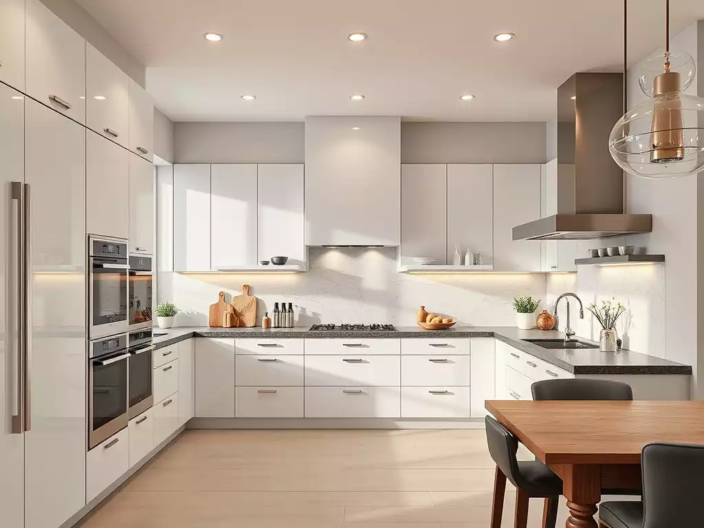 Modern luxury kitchen with high-end appliances and sophisticated color palette
